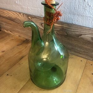 Vintage Italian Green Glass Wine Decanter Jug Ice Chamber Straw Stopper 12.5” T